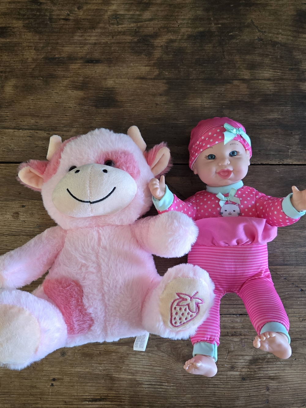 Talking Baby Doll And Plush Pink Strawberry Cow  Set - Pink
